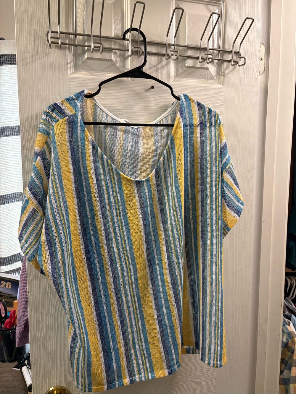 Striped V-Neck Tunic Top in Blue, Yellow & White